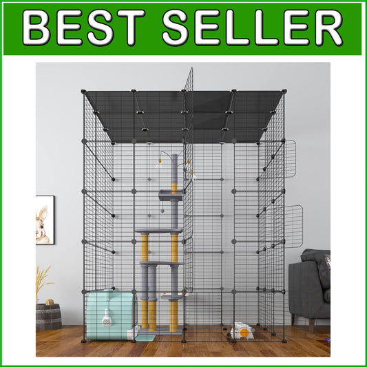 Modern Black Metal Cat Cage with Scratching Posts - Ideal for Indoor Leisure