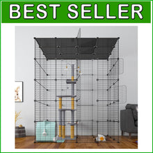 Load image into Gallery viewer, Modern Black Metal Cat Cage with Scratching Posts - Ideal for Indoor Leisure