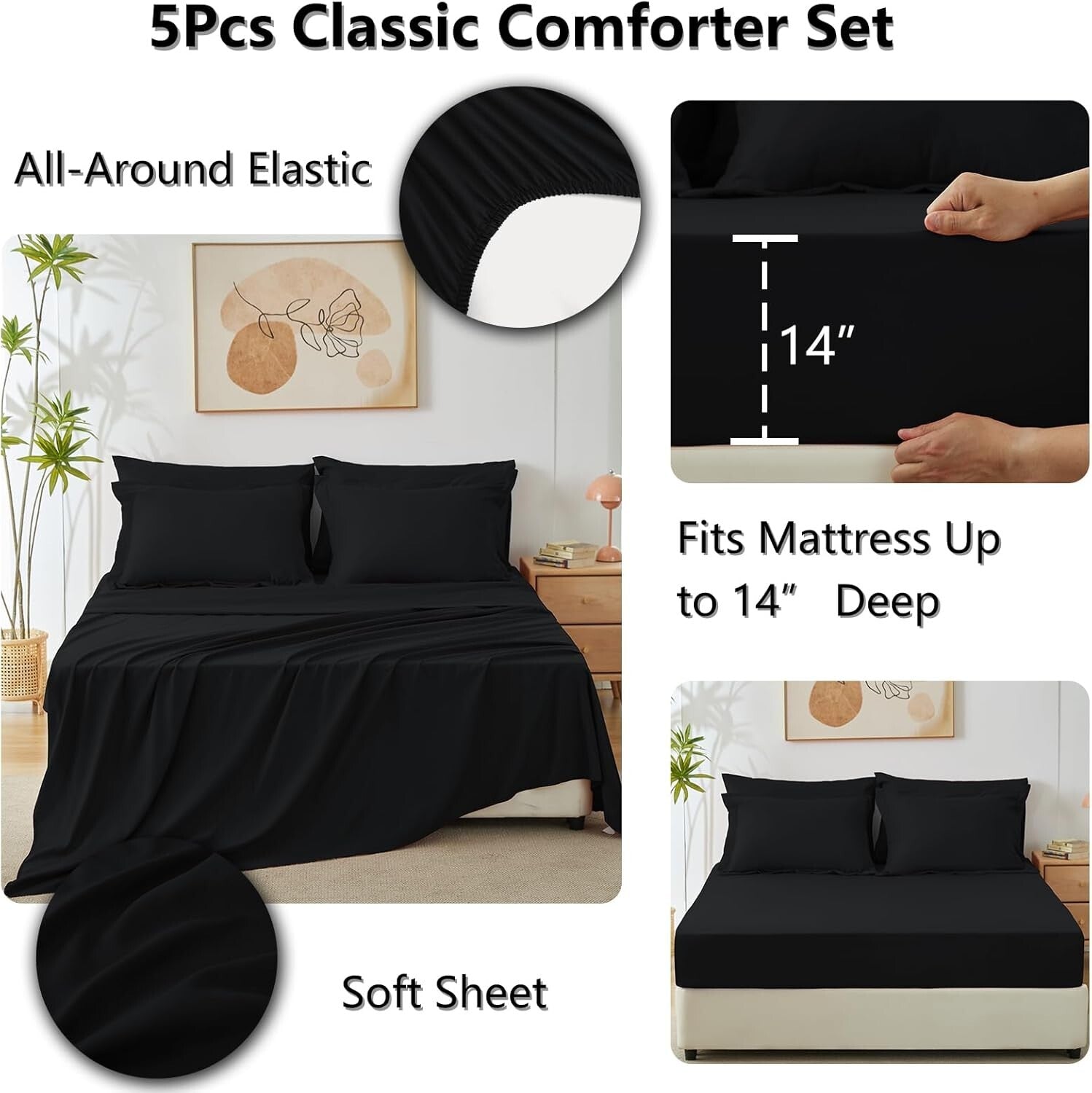 Cozy All-Season Black Twin Comforter Set - 5-Piece with Deep Pocket Sheets