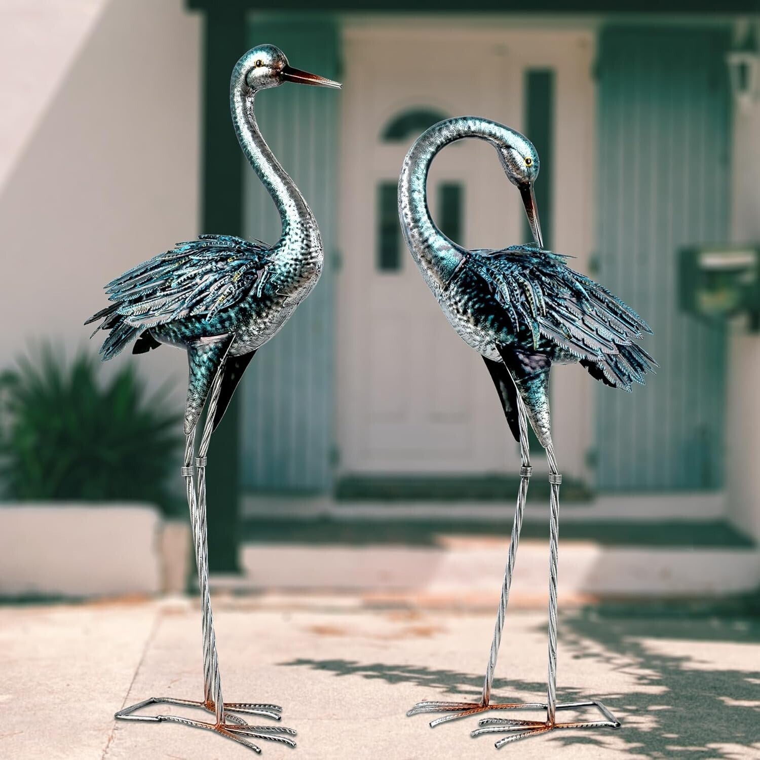 Charming Garden Crane Statue Set - Elegant Blue Heron Yard Art for Outdoor Decor