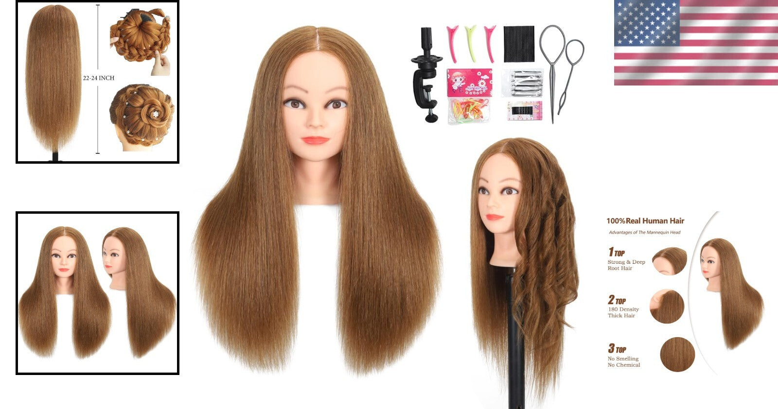 Professional Human Hair Mannequin Head for Braiding & Styling - 18" Light Brown