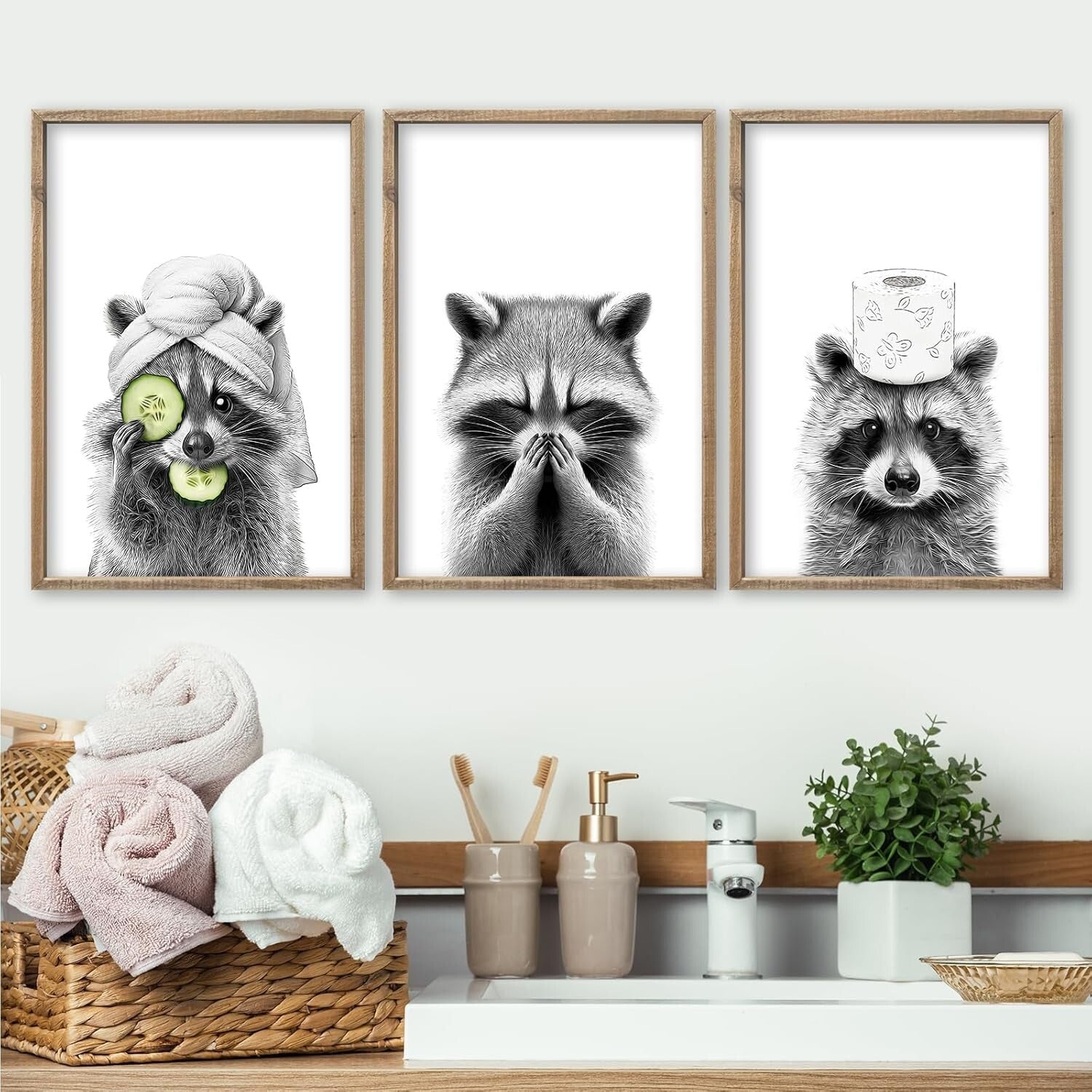 Rustic Farmhouse Raccoon Wall Art Set of 3 - Perfect for Modern Bathrooms