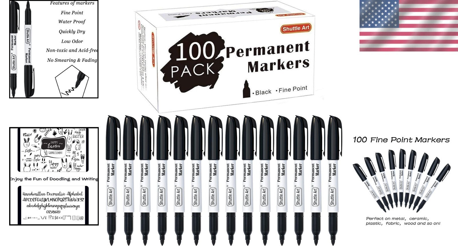 Versatile Permanent Markers Set - 100 Black Fine Point for All Surfaces