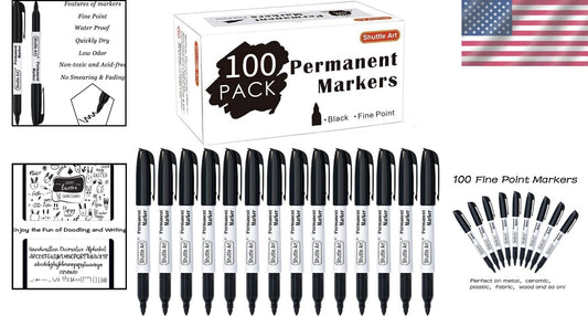 Versatile Permanent Markers Set - 100 Black Fine Point for All Surfaces