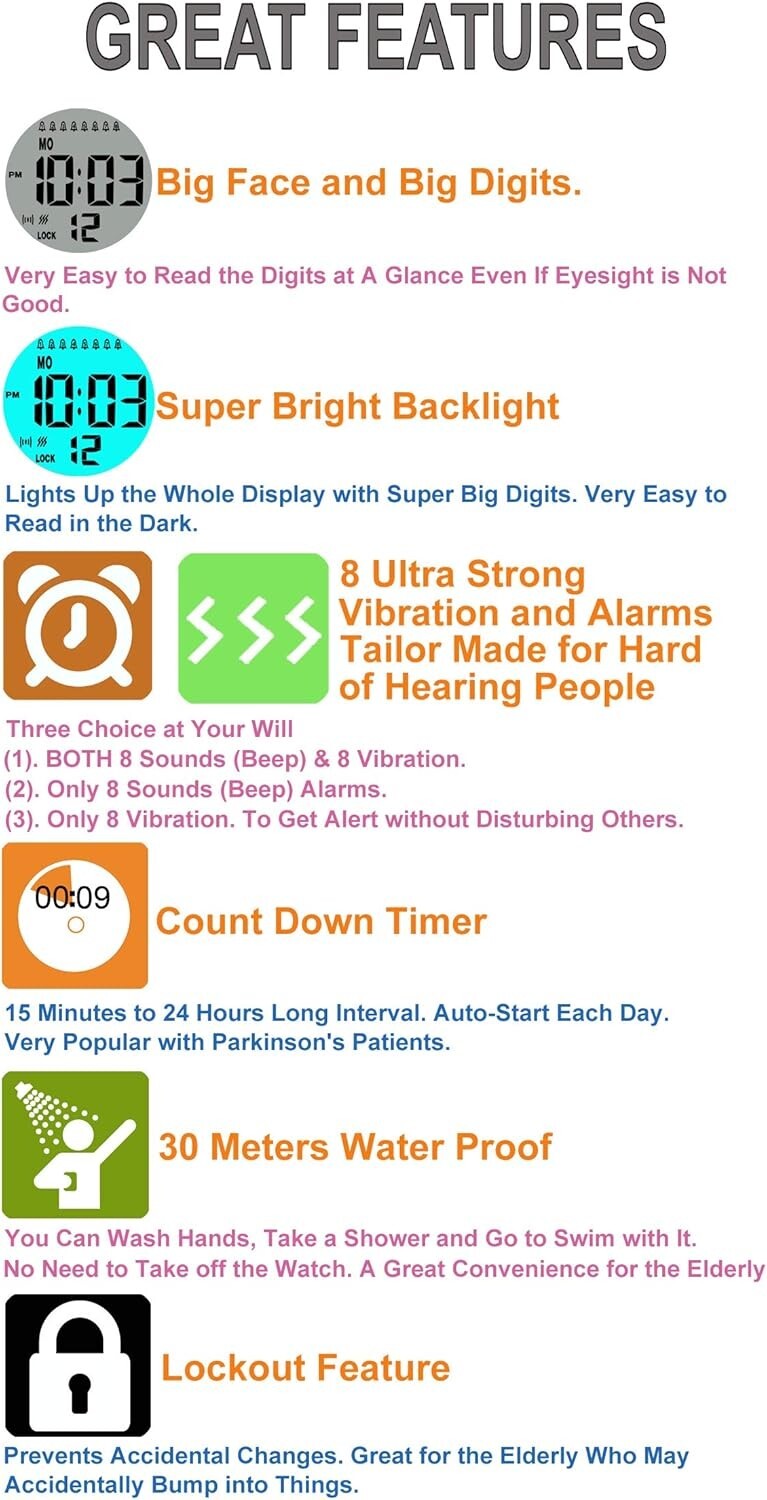 Waterproof Medication Reminder Watch with 8 Vibrating Alarms for Seniors