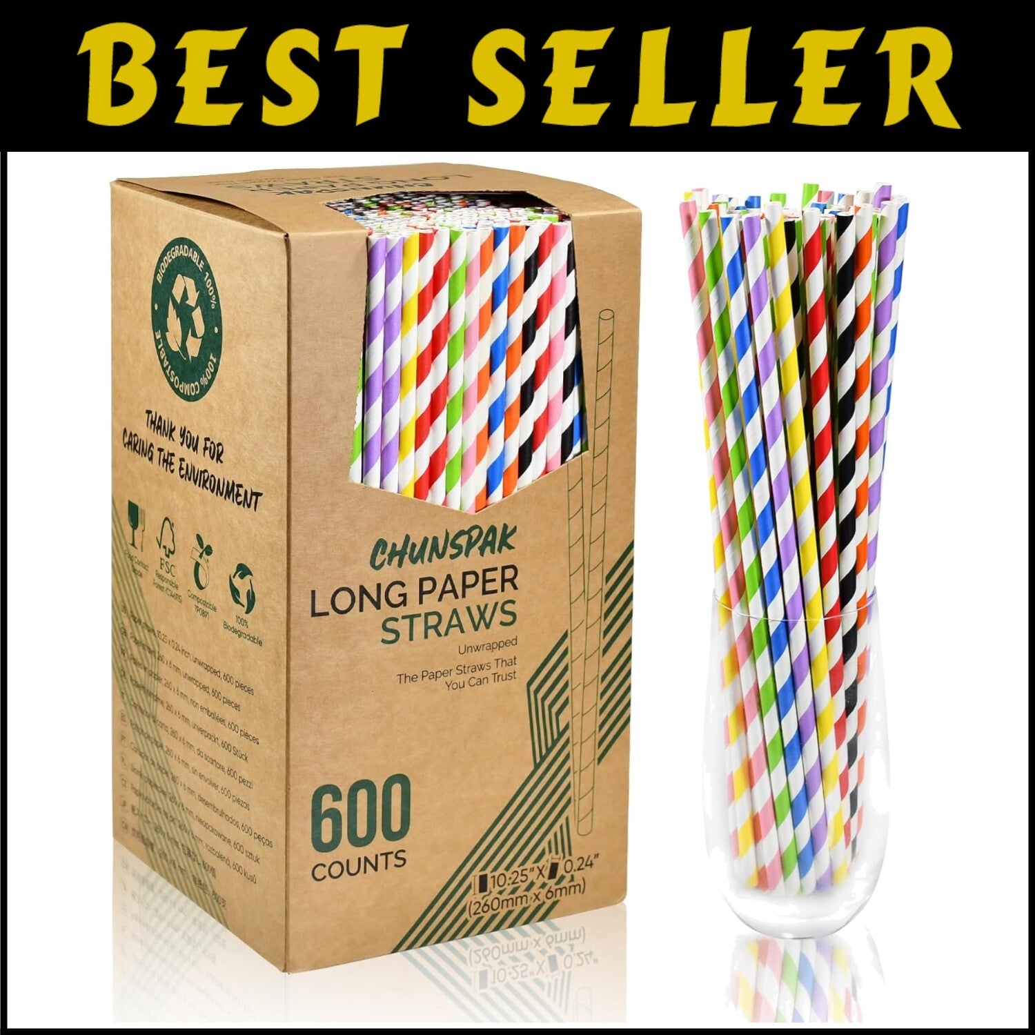 Durable Disposable Paper Straws - 10-Inches, 600 Count for Cocktails and More