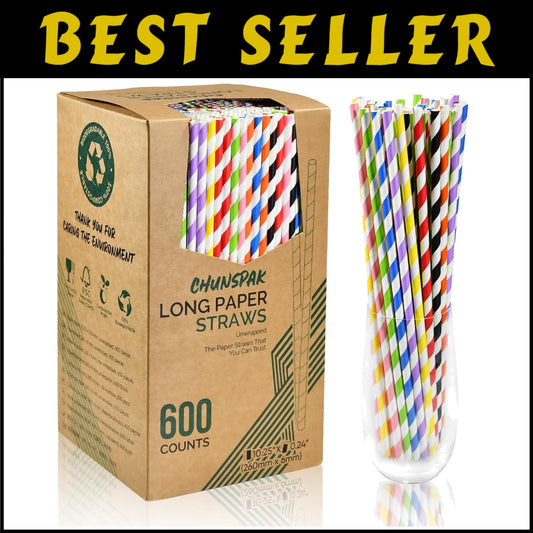 Durable Disposable Paper Straws - 10-Inches, 600 Count for Cocktails and More