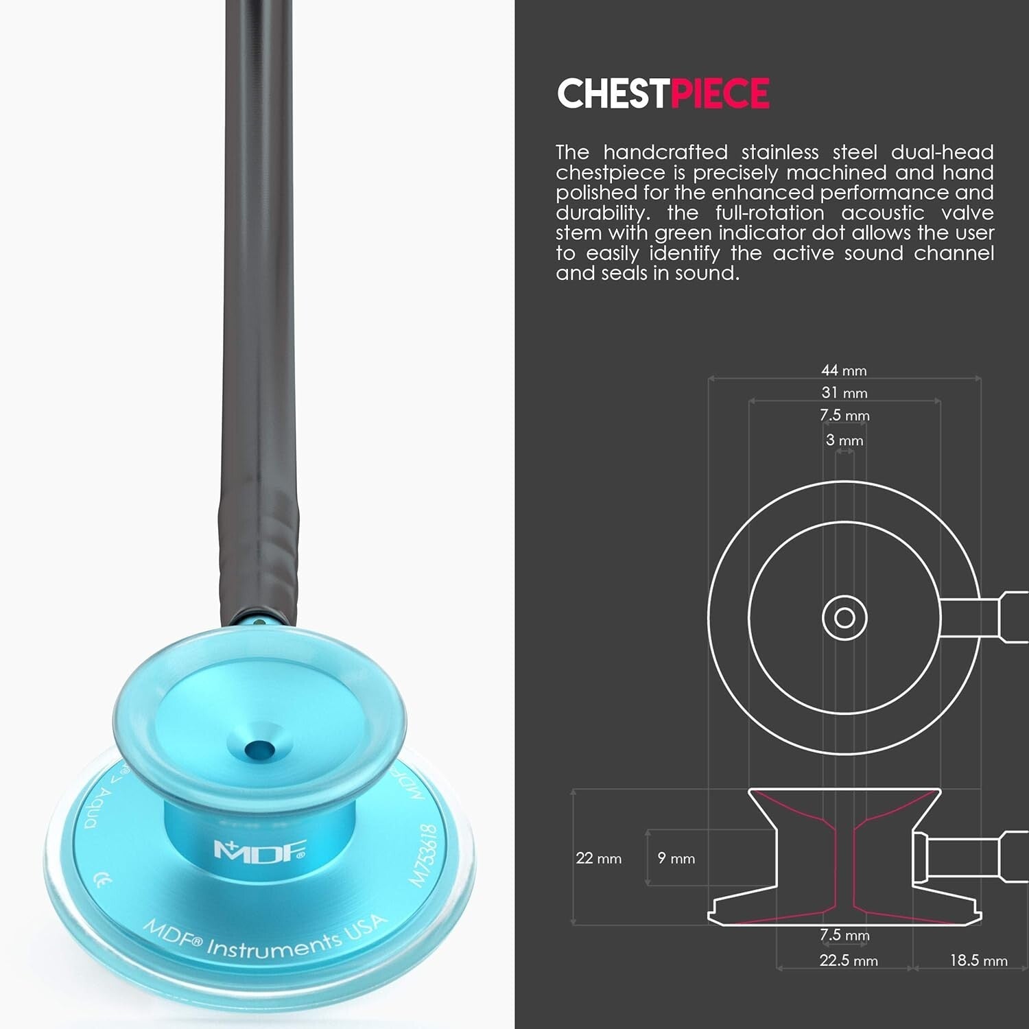 Acoustica Lightweight Dual Head Stethoscope for Doctors and Nurses - Aqua/Black