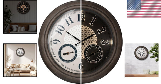Elegant 18 Inch Illuminated Outdoor Clock with Thermometer - Grey Oak Finish