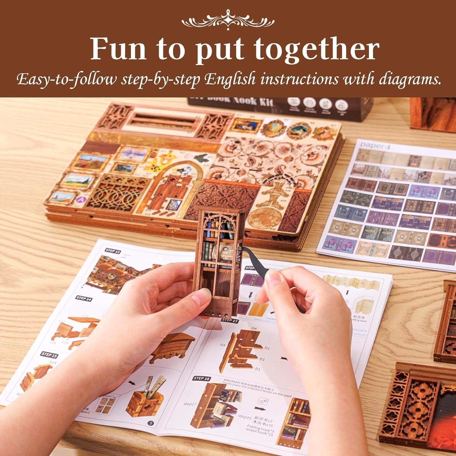 DIY Book Nook Kit with LED Lights - Wooden 3D Puzzle Bookends for Home Decor