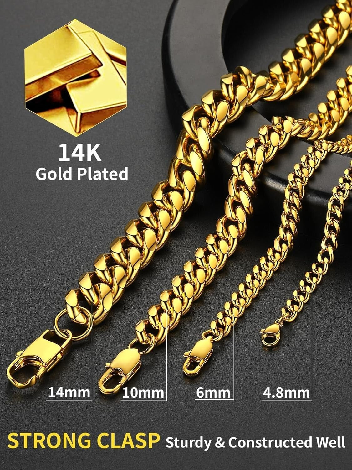 14K Gold Plated Cuban Link Necklace for Men - Adjustable Length, Multiple Widths