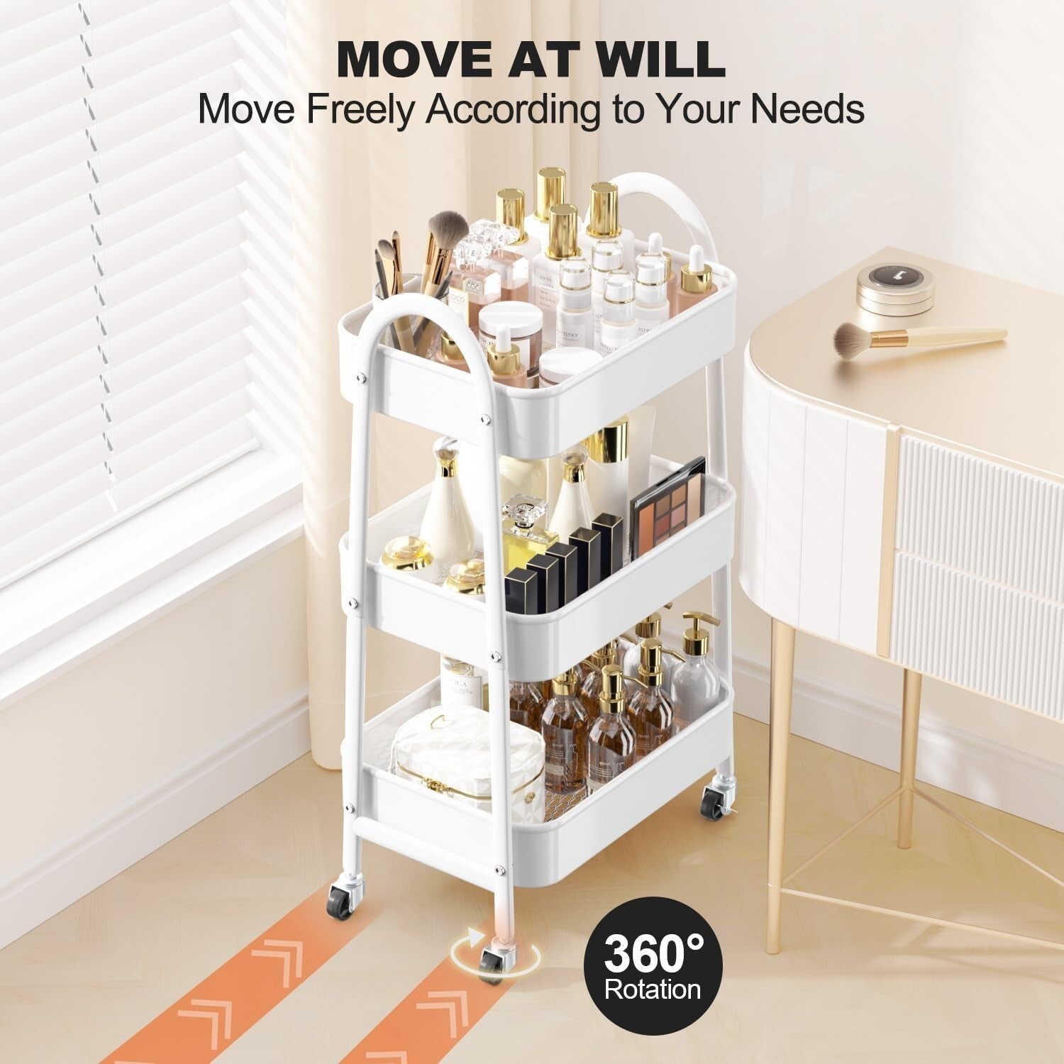 3 Tier Rolling Storage Cart - Lockable Wheels & Sturdy Metal Design in White