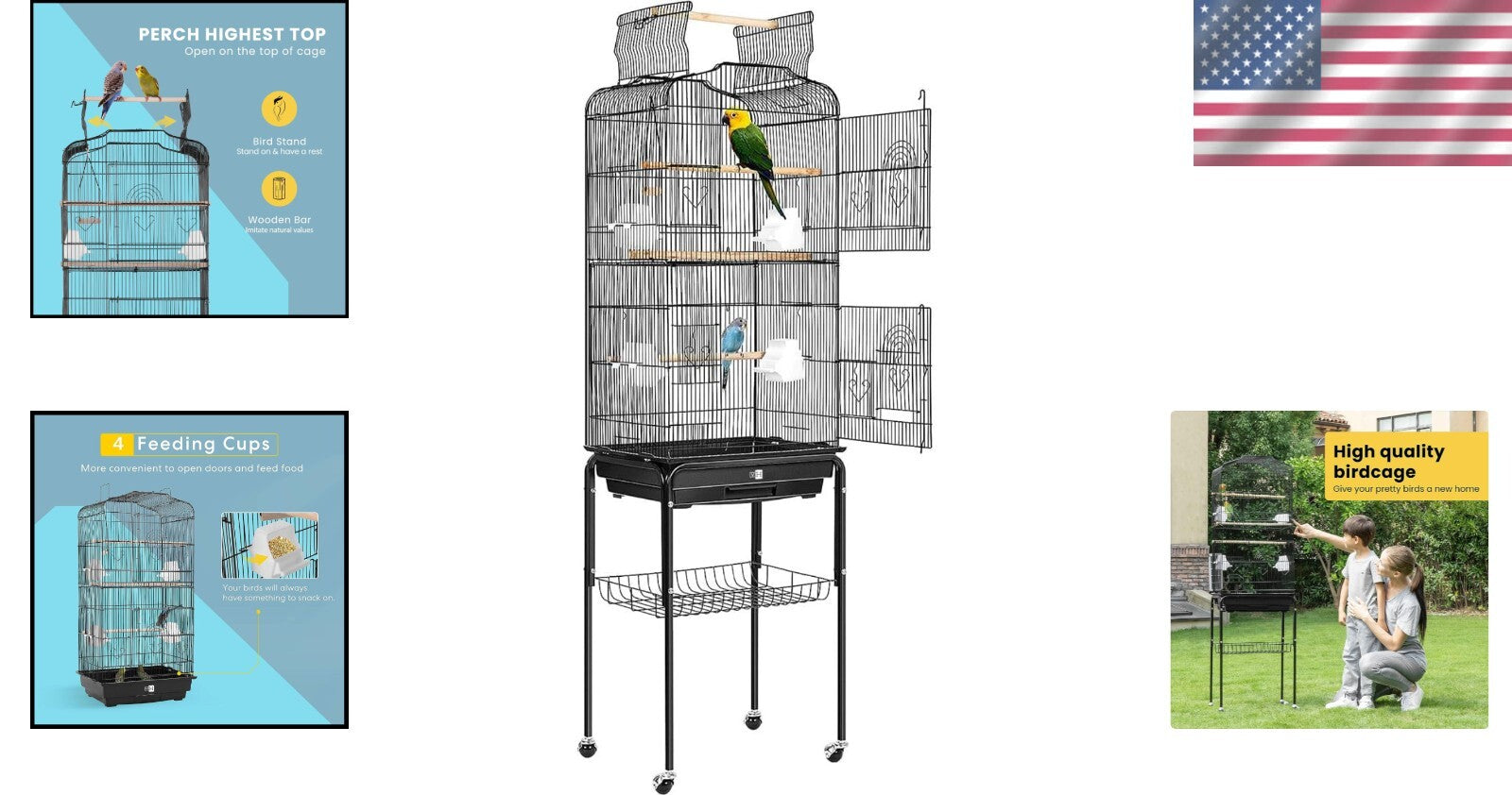 Spacious Black Bird Cage with Play Top & Easy-Clean Sliding Tray - 64 Inch