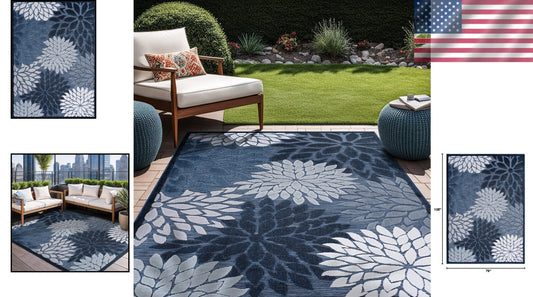 Stain Resistant Navy Blue Floral Area Rug 6x9 for Indoor & Outdoor Elegance