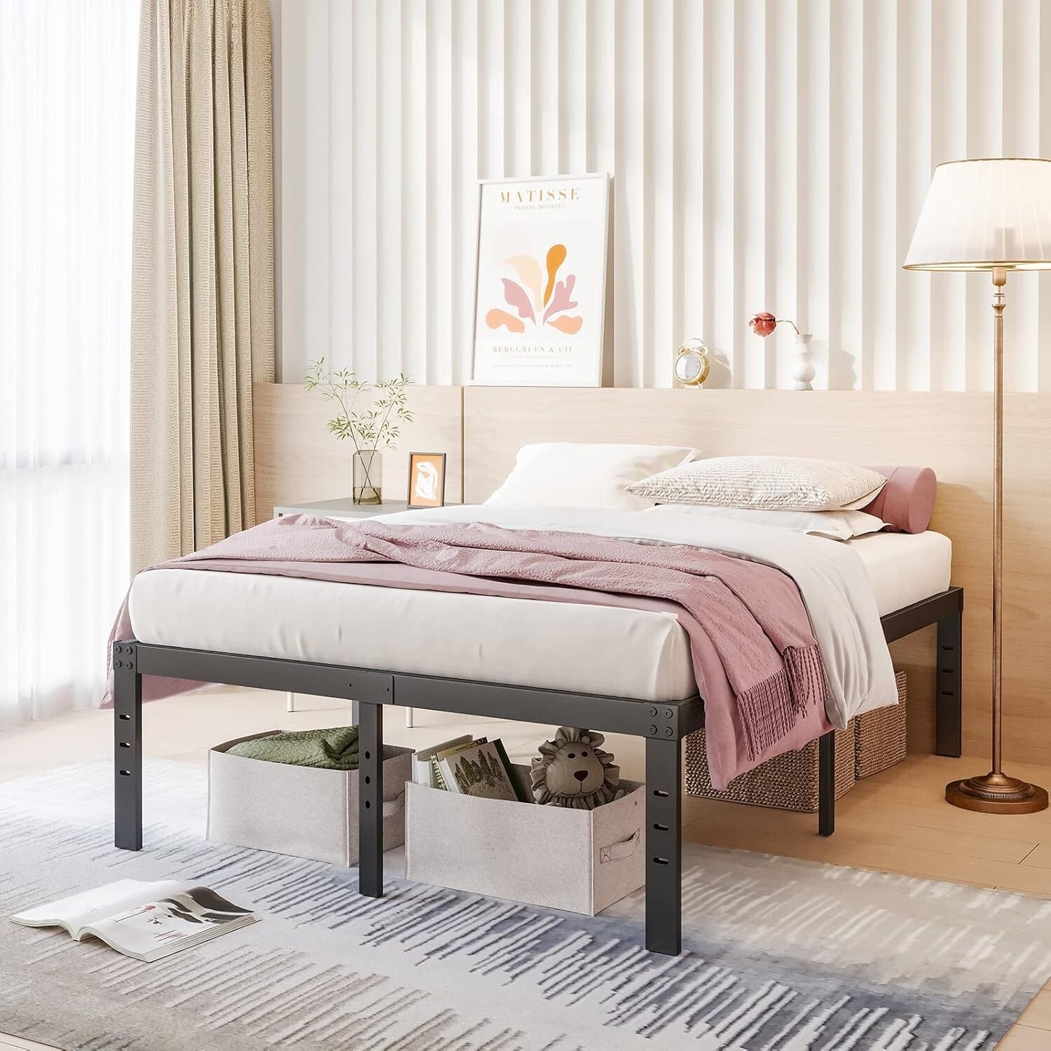 Elegant Black Metal 18-Inch Queen Bed Frame with Complete Storage Solution