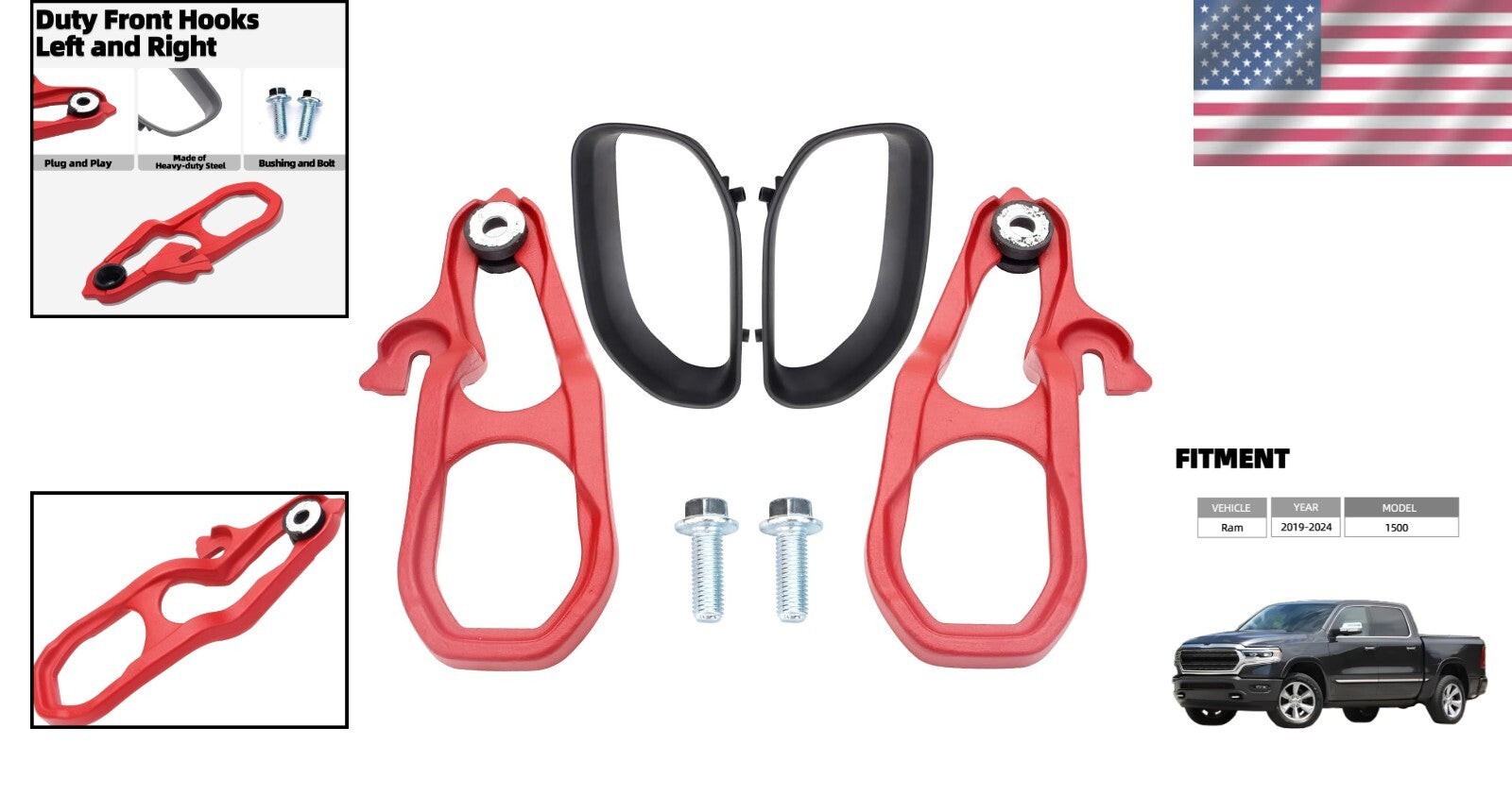 Durable Red Tow Hooks Set for 2019-2024 RAM 1500 - Easy Installation Included