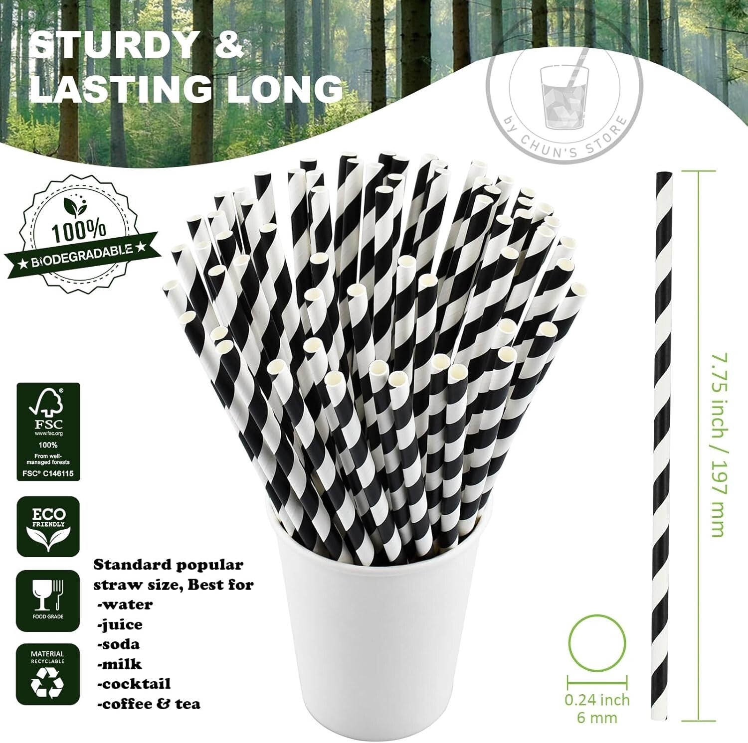 Eco-Friendly 1000 Count Paper Straws - 7.75'' Biodegradable with Striped Design