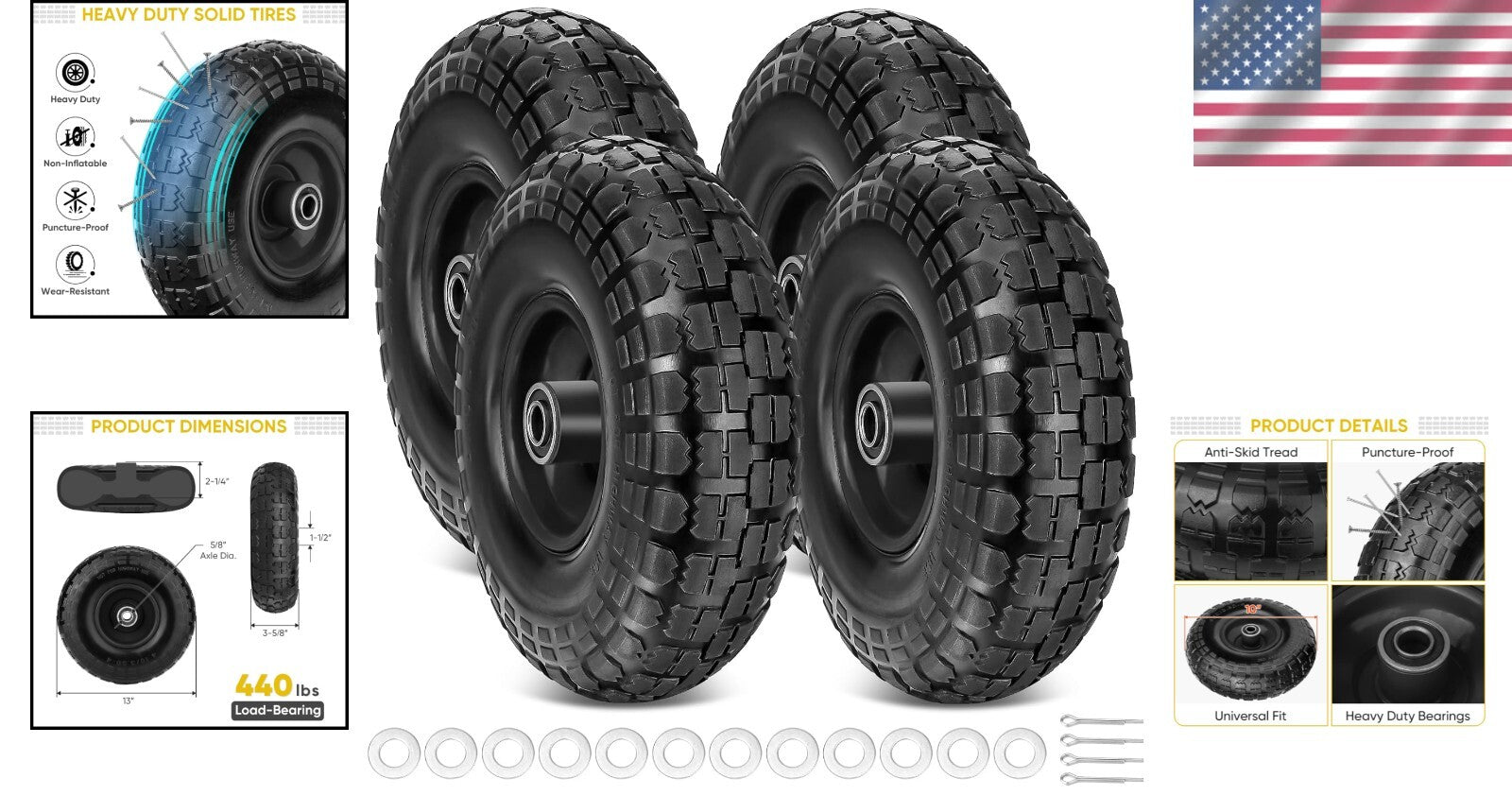 4-Pack 13" Flat Free Tires with Double Sealed Bearings for Carts & Wheelbarrows