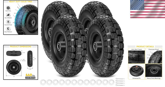 4-Pack 13" Flat Free Tires with Double Sealed Bearings for Carts & Wheelbarrows