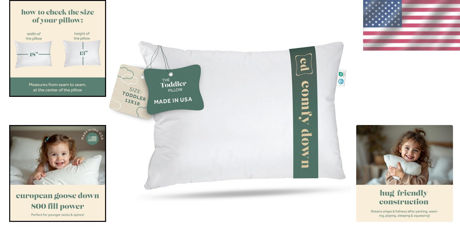 Ergonomic Toddler Pillow - 800 Fill Power Goose Down, 13x18 Inches, **Hypoall...