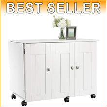 Load image into Gallery viewer, Mobile Soft White Sewing &amp; Craft Table with Scratch-Resistant Finish and Shelves