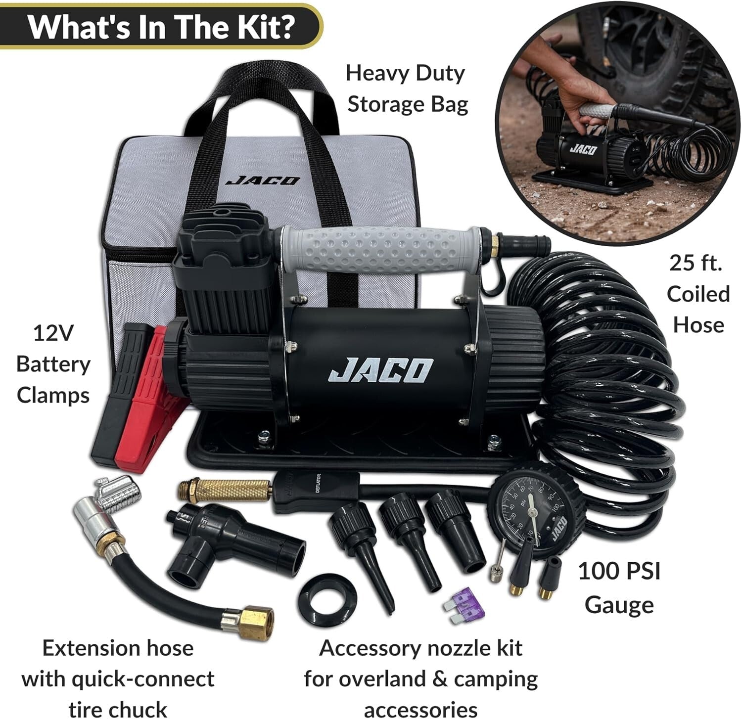 Compact JACO 12V Tire Inflator - 3.5 CFM High Flow with Quick Lock Air Chuck