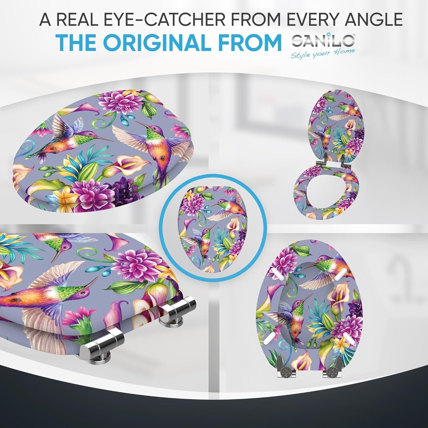 Elongated Molded Wood Toilet Seat with Beautiful Hummingbird Print - Soft Close