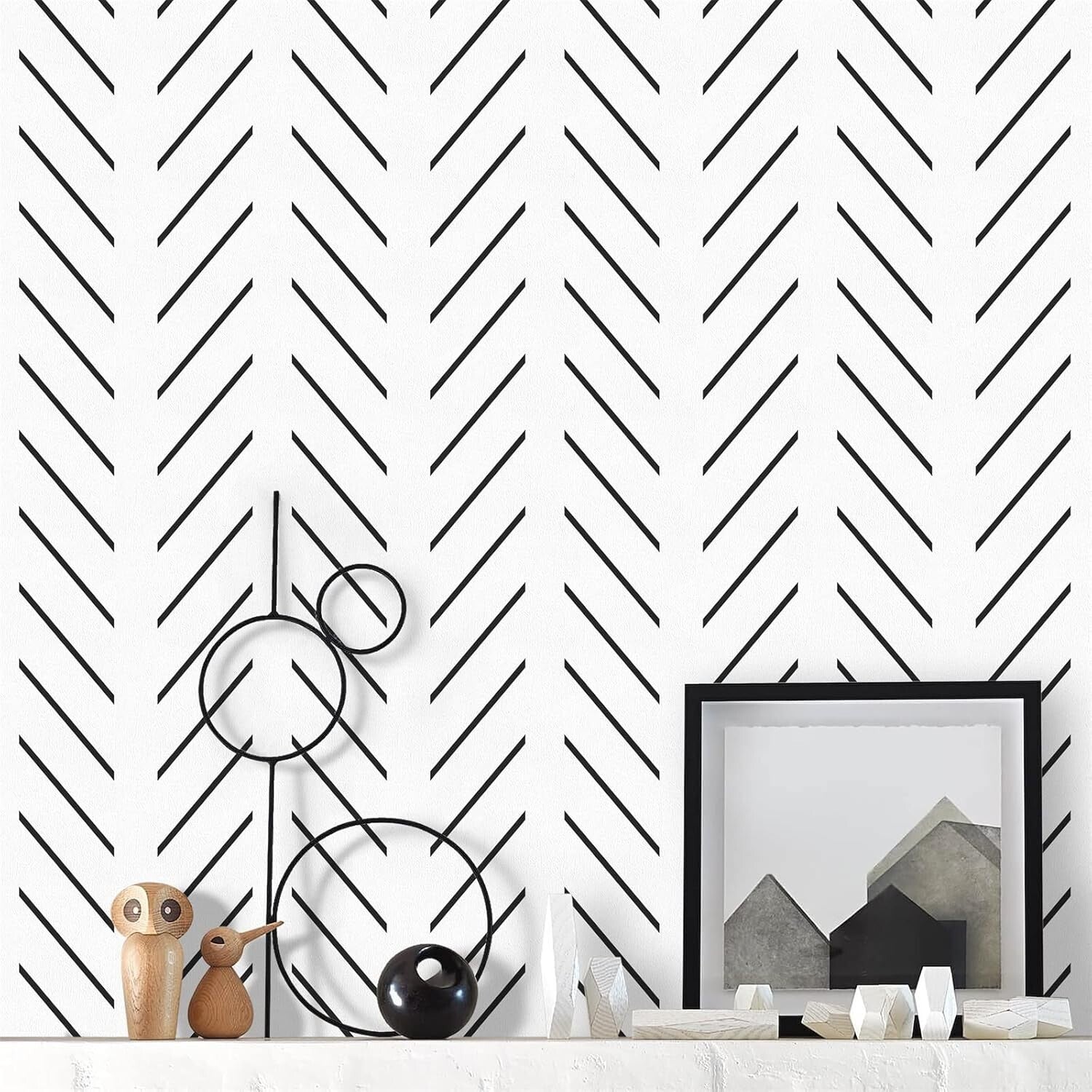 17.7in x 590.5in Black and White Removable Wallpaper - Stylish Herringbone Decor