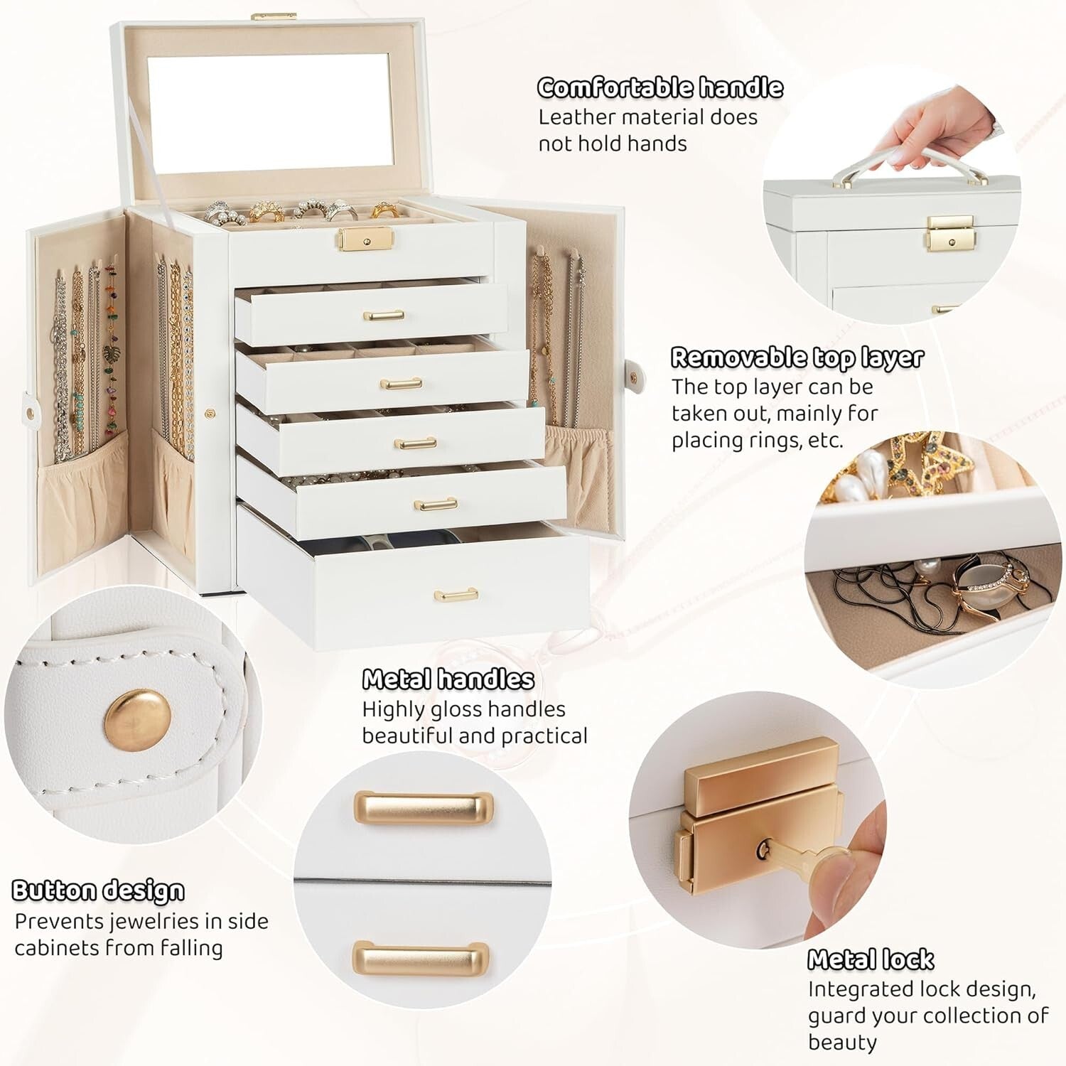 Elegant 6-Tier Lockable Jewelry Box with Mirror - Perfect Storage for Women