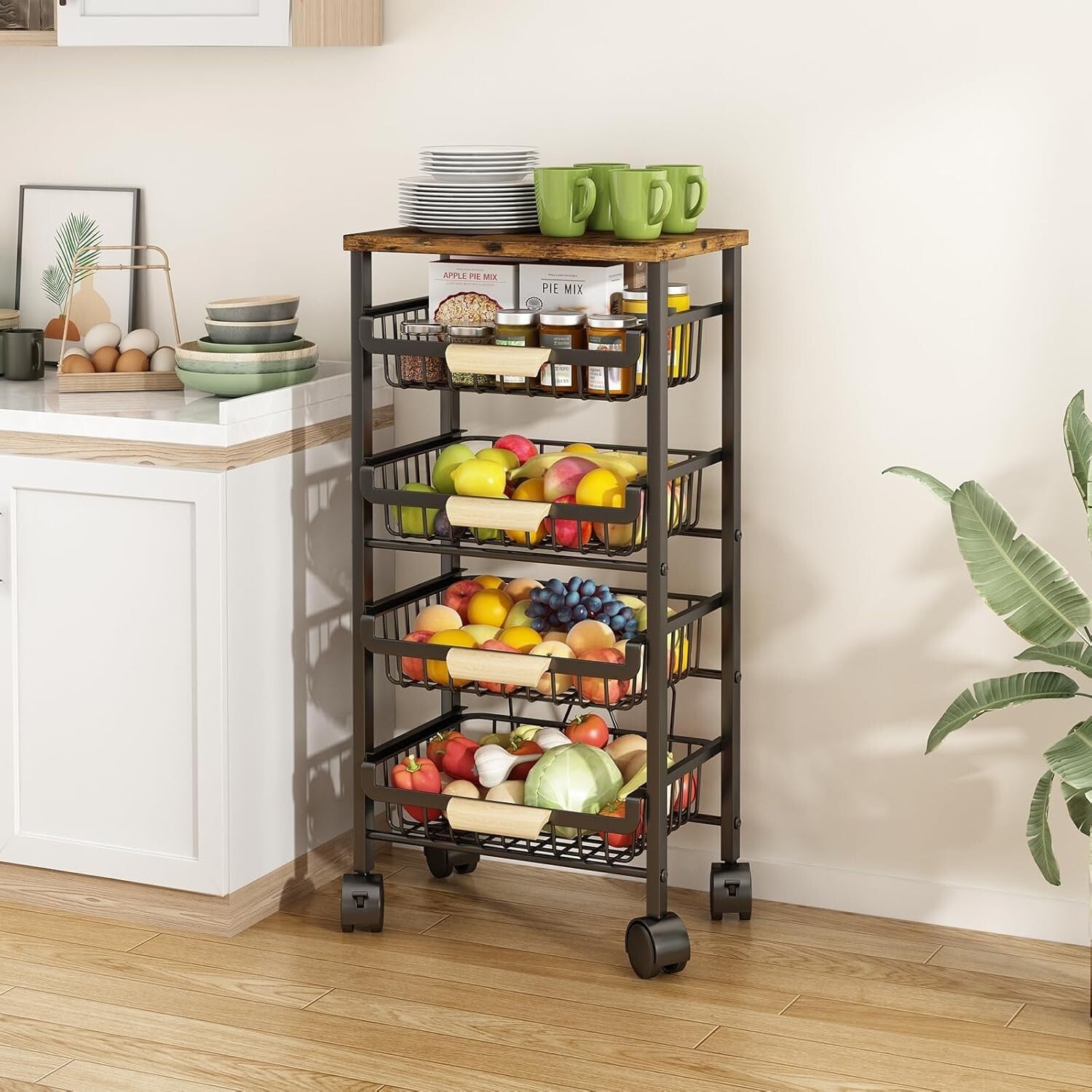 Rolling Vegetable Storage Cart with Wooden Top - 4 Tier Organization for Kitchen