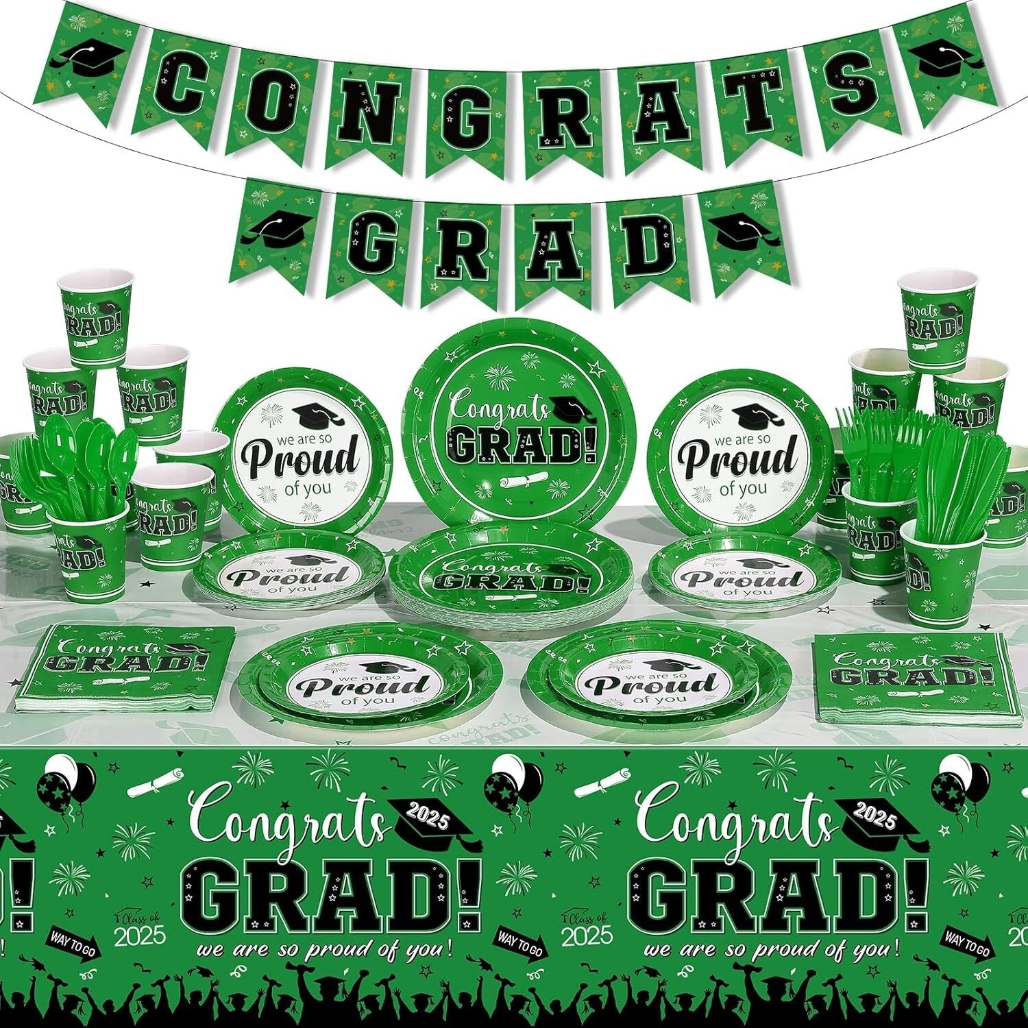 Class of 2025 Graduation Decorations - 357 Pcs Dinnerware, Banner & Tablecloth