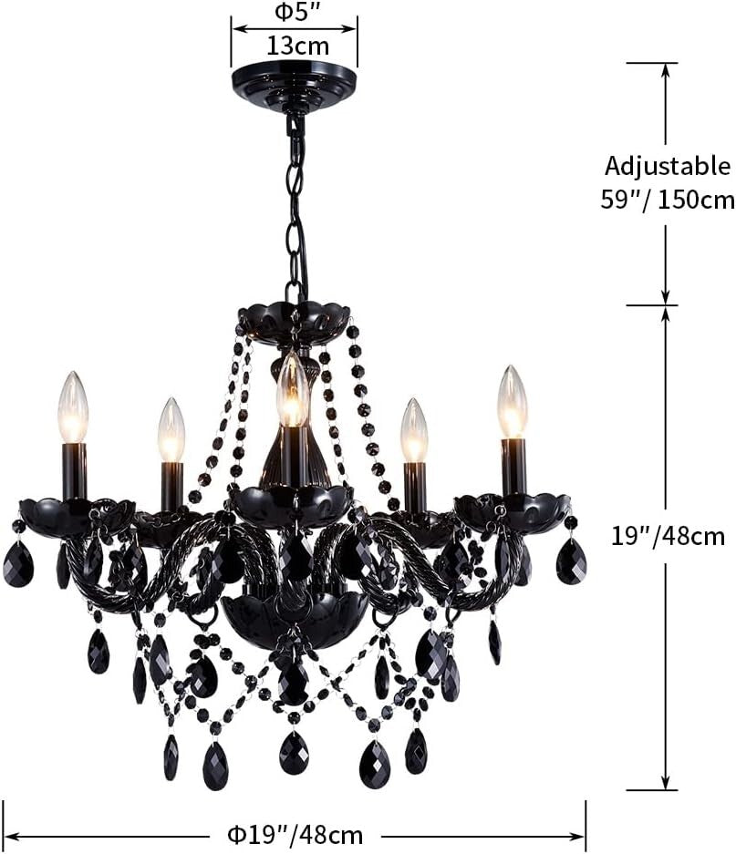 Adjustable Black Crystal Chandelier with 5 Dimmable Lights - 19" Ceiling Fixture