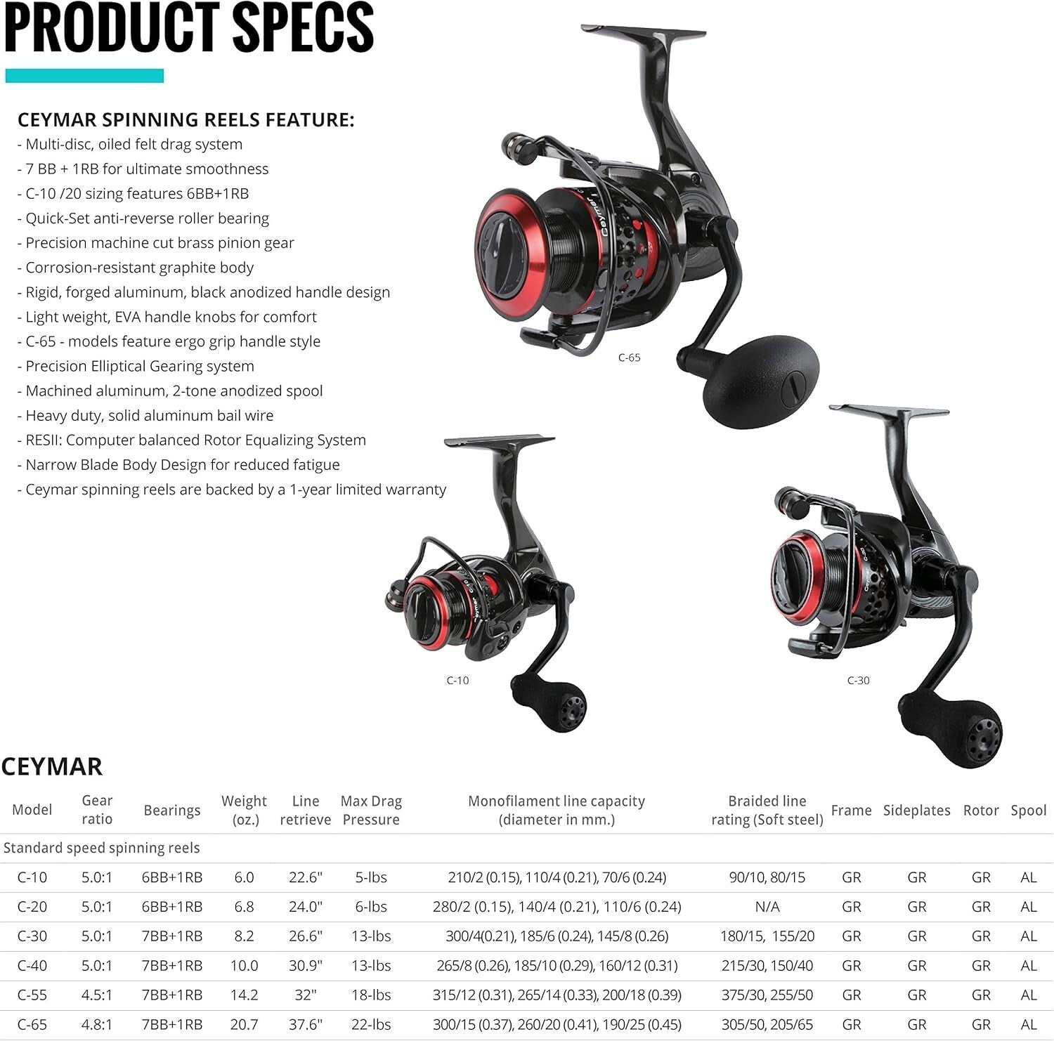 Ceymar Graphite Lightweight 8BB Spinning Reel - Perfect for Inshore Fishing