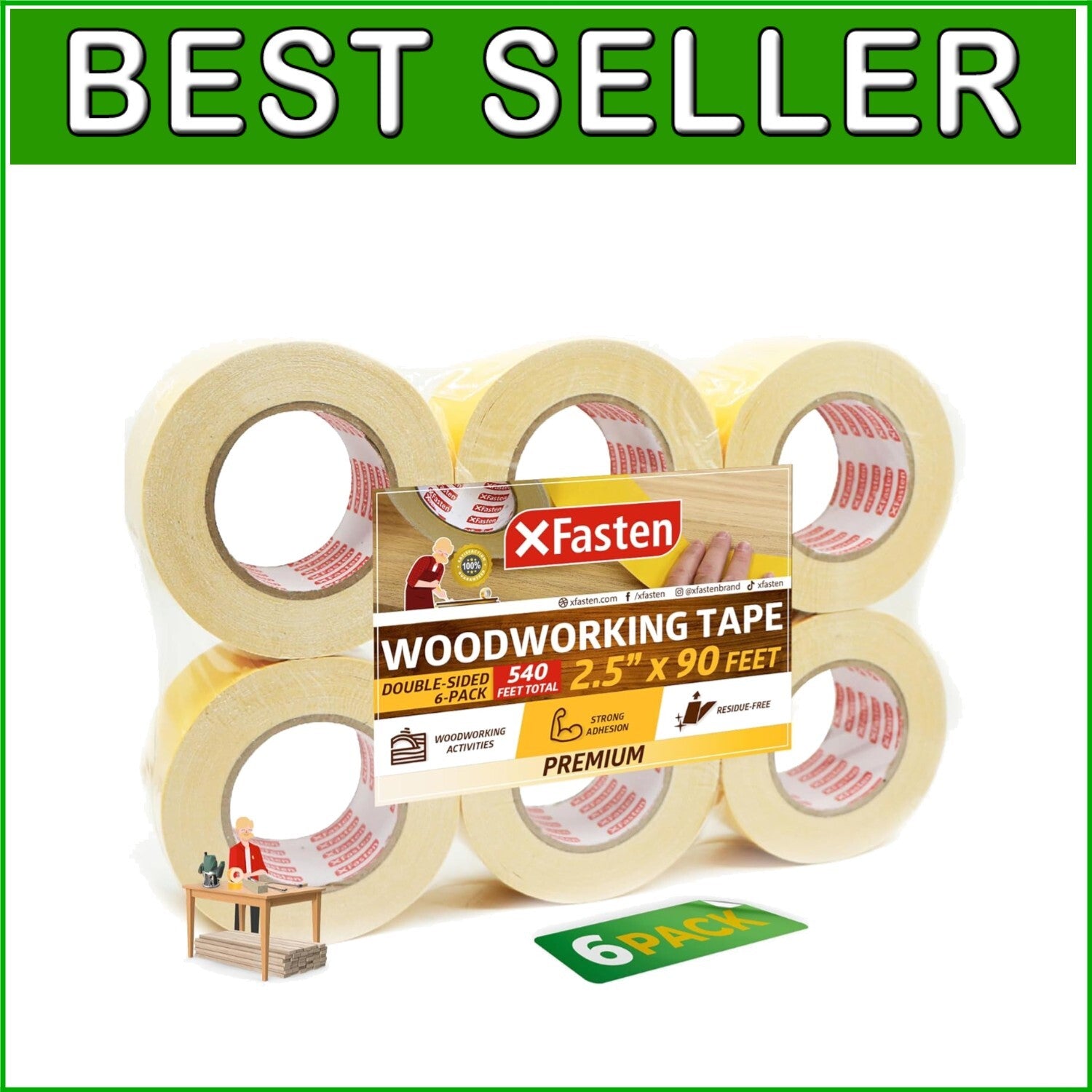 Easy Peeling Residue-Free Double-Sided Tape, 2.5" x 90' - 6 Pack for Woodworking