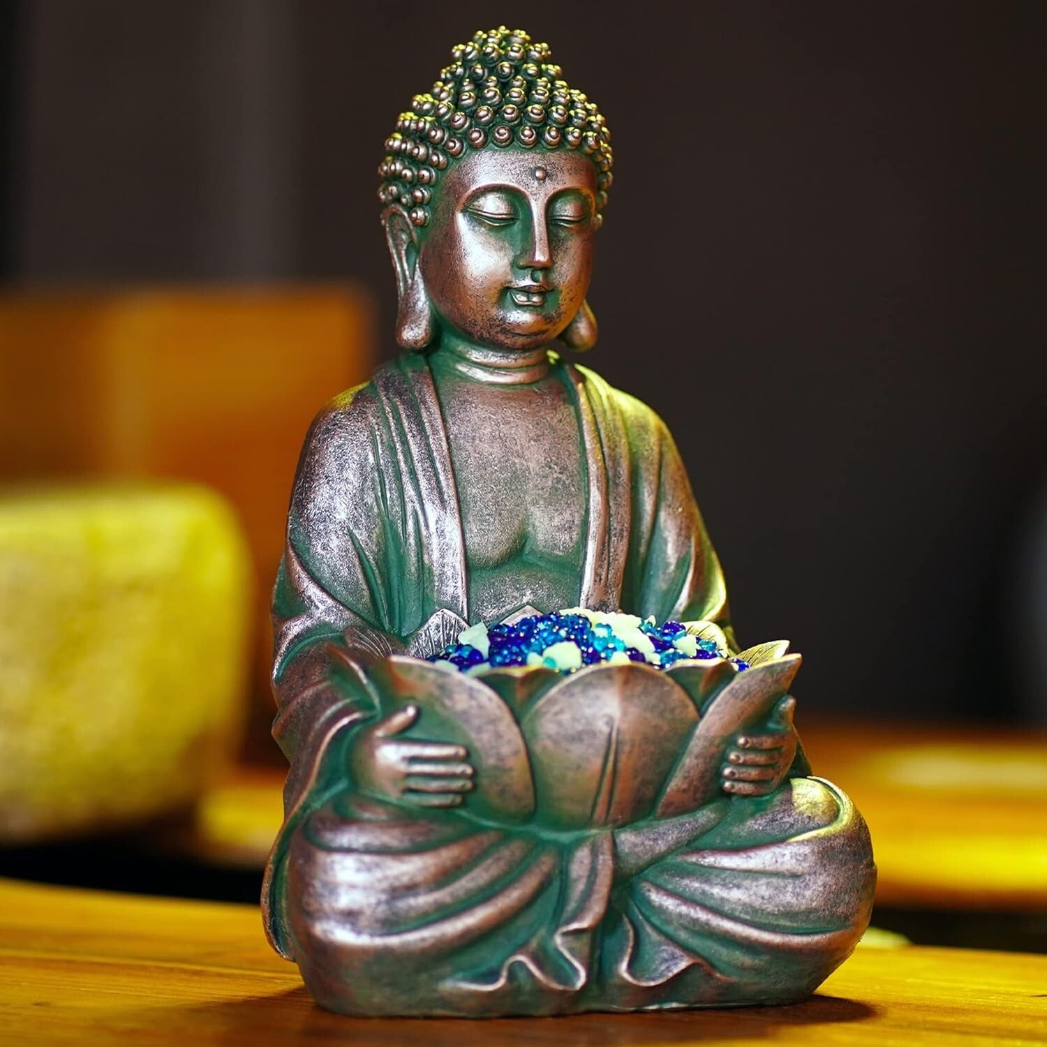 Meditating Buddha Sculpture - Indoor/Outdoor 12" Garden Decor with Glass Stones