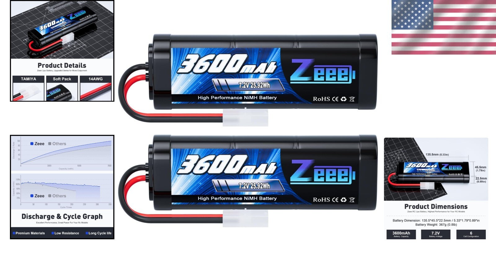 2-Pack High Capacity 7.2V NiMH Batteries with Tamiya Plug for RC Performance