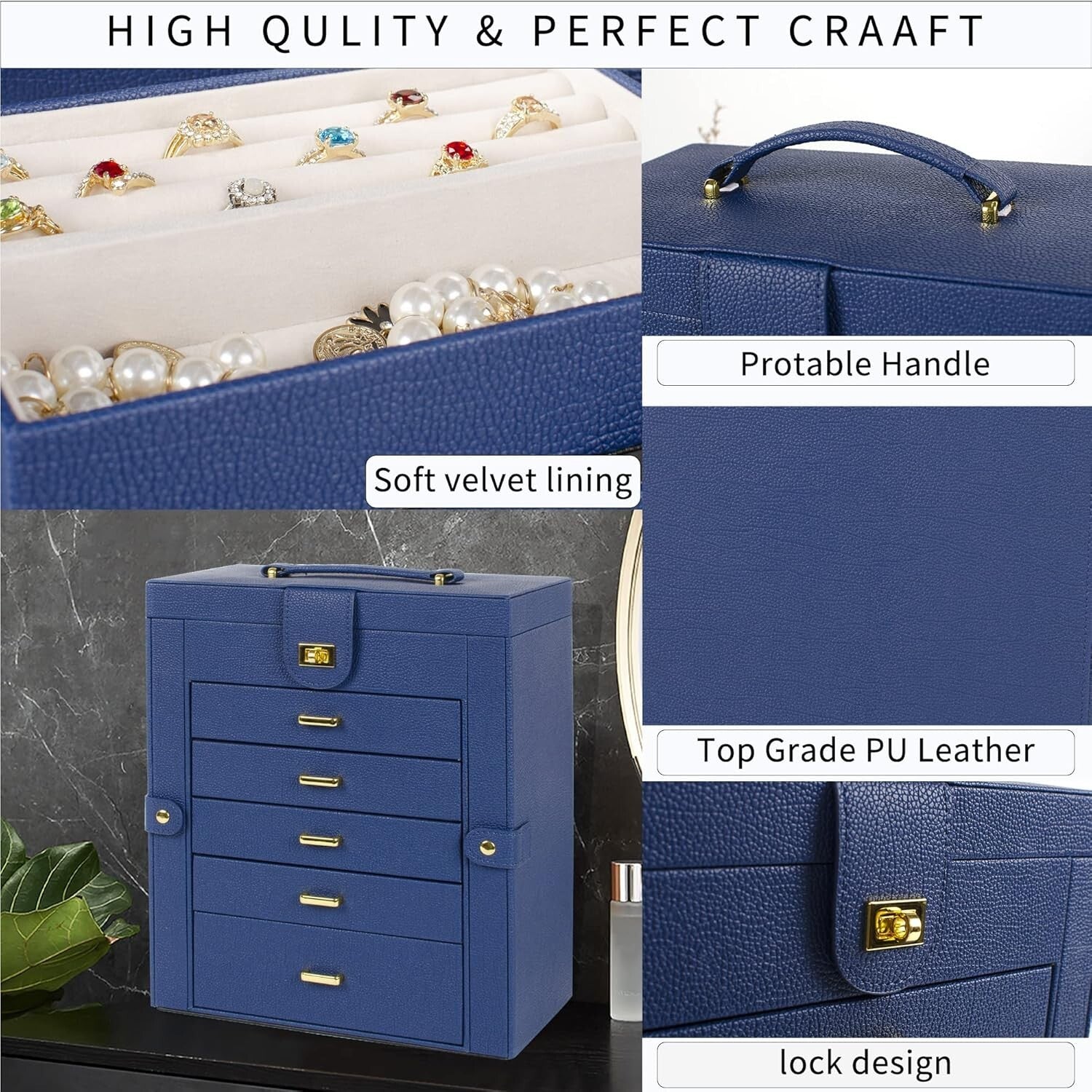 Elegant Lockable Jewelry Organizer with Large Mirror & 6 Drawer Storage - Blue