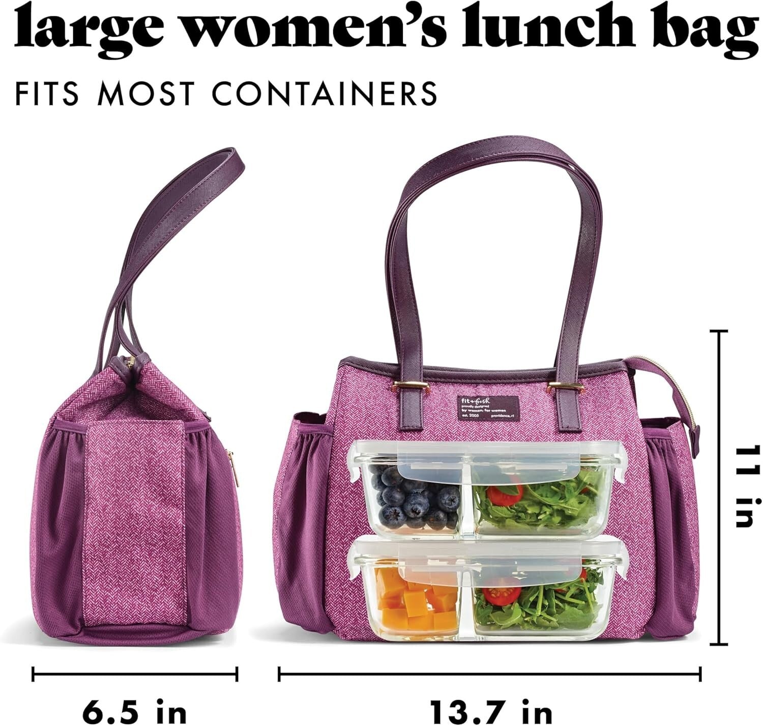 Chic Insulated Women's Lunch Tote - Includes 3 Containers & Zipper Closure