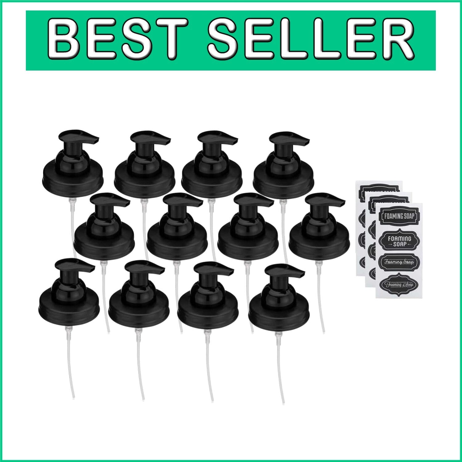 Durable Black Plastic Foaming Soap Lid Set for Mason Jars – Includes Stickers