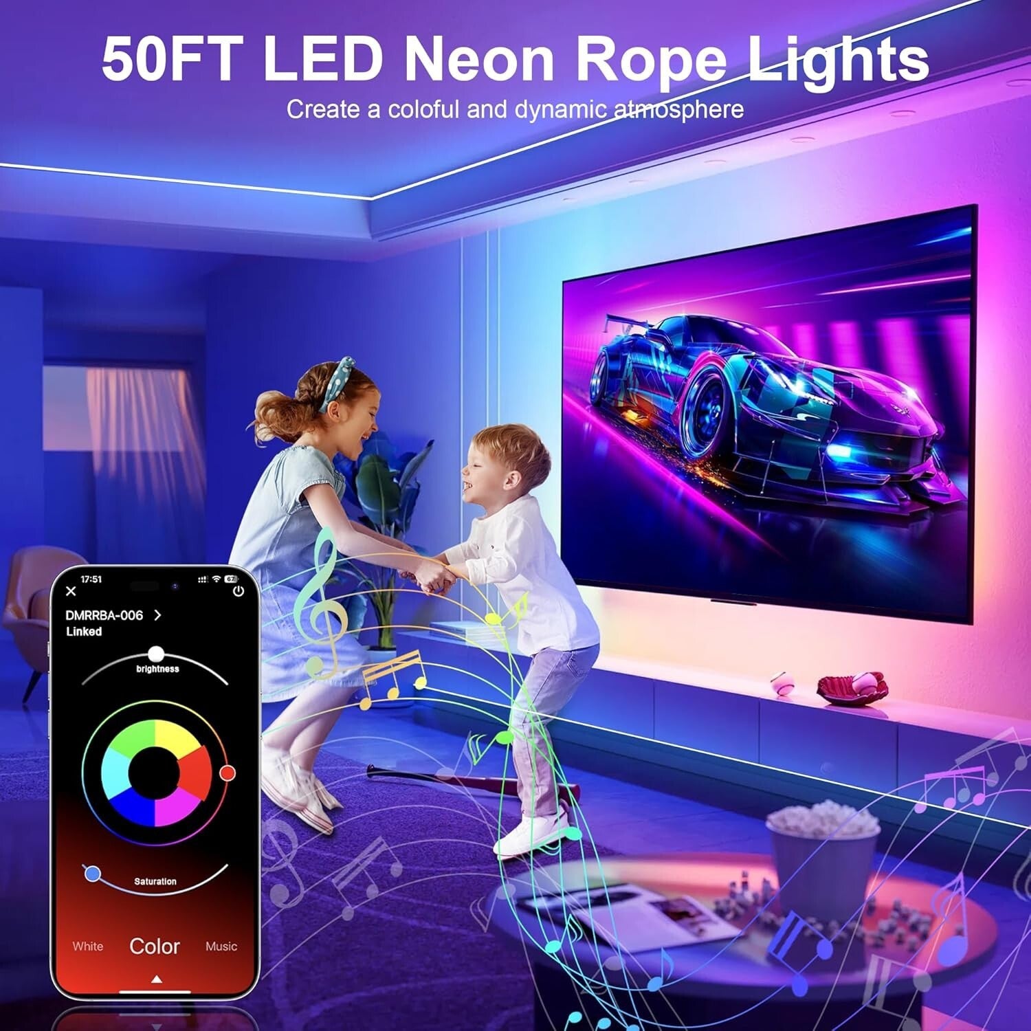 50FT Waterproof RGB Neon LED Rope Lights with Remote & App Control for Home D...
