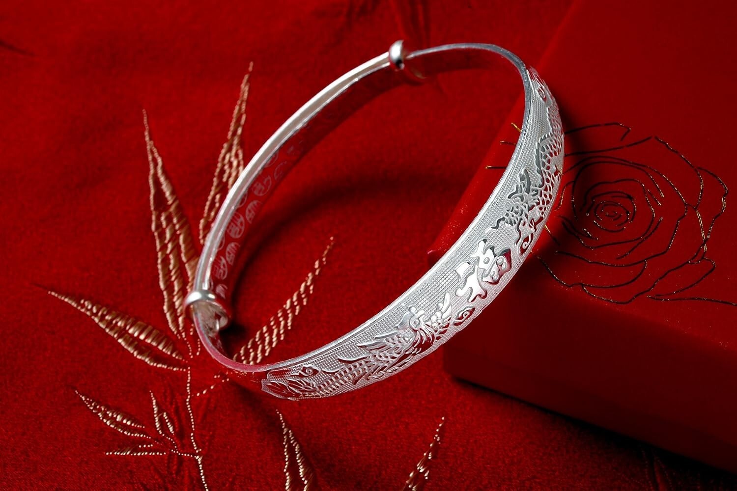Elegant Women's 999 Silver Bracelet - Adjustable Dragon and Phoenix Charm Bangle