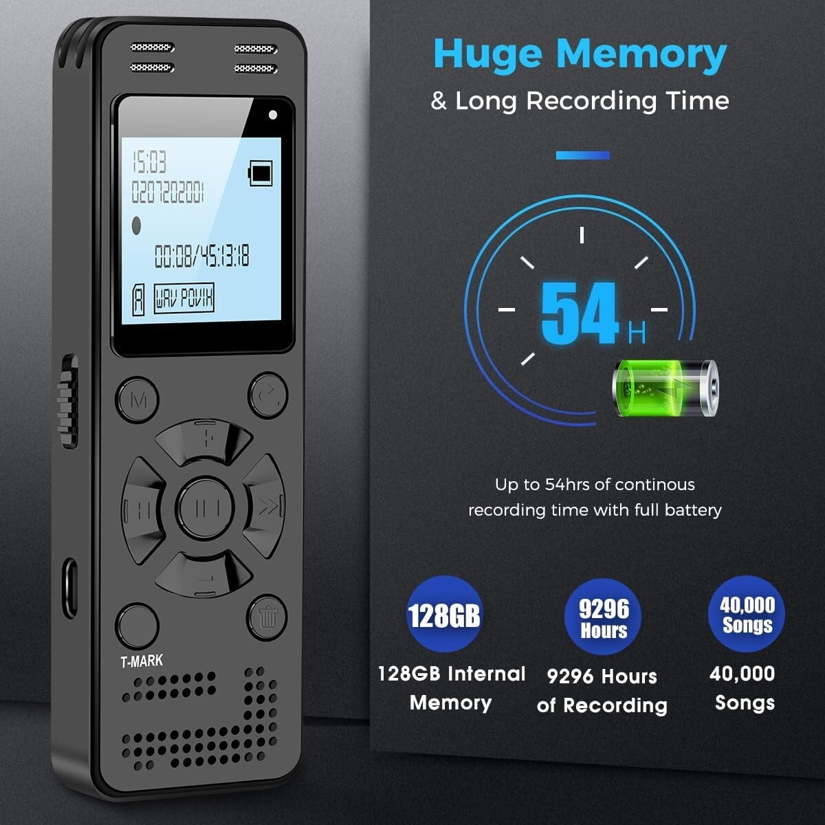 Rechargeable 128GB Voice Recorder with Password Protection & USB Transfer