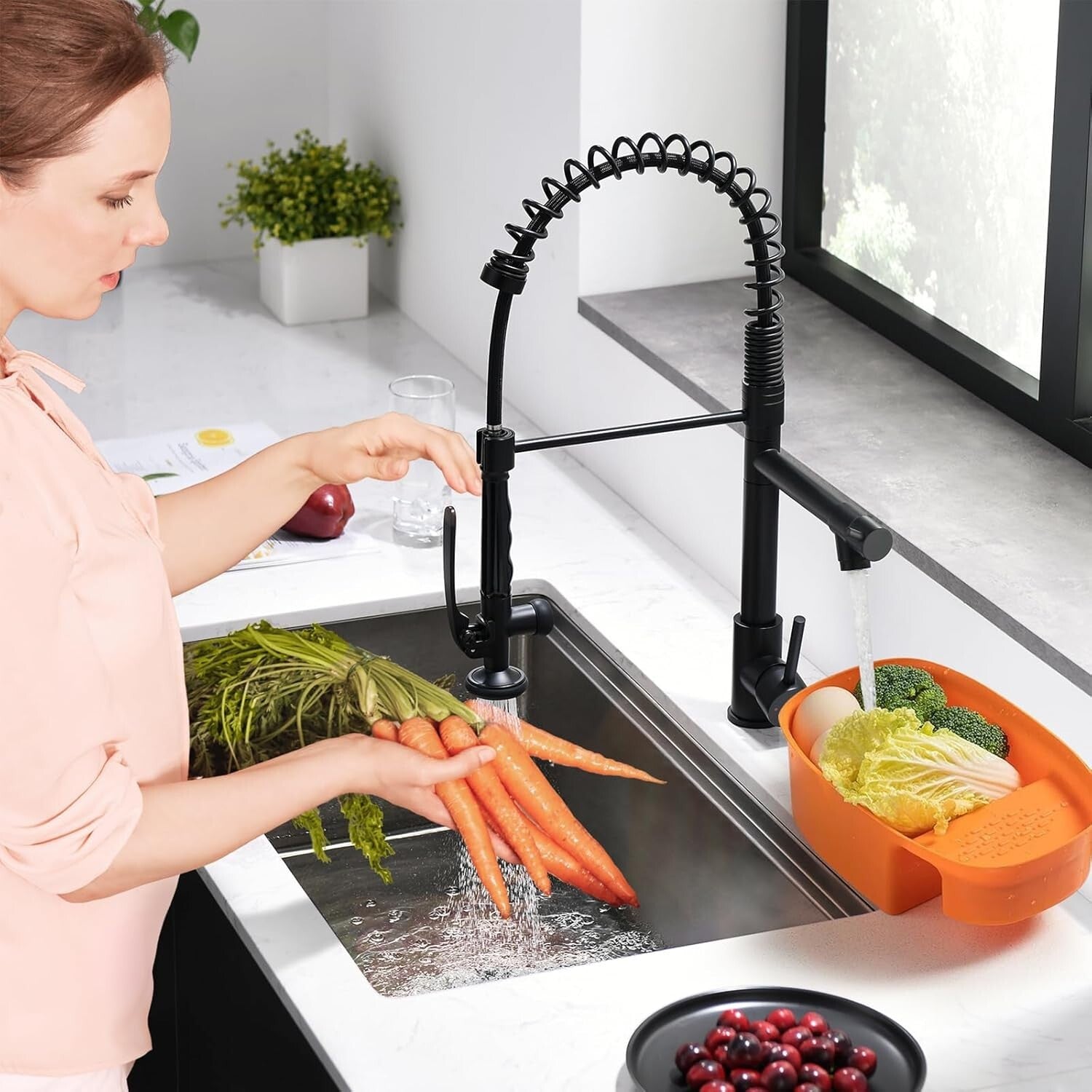 Elegant Matte Black Gooseneck Faucet with Pull Down Sprayer for Modern Kitchens