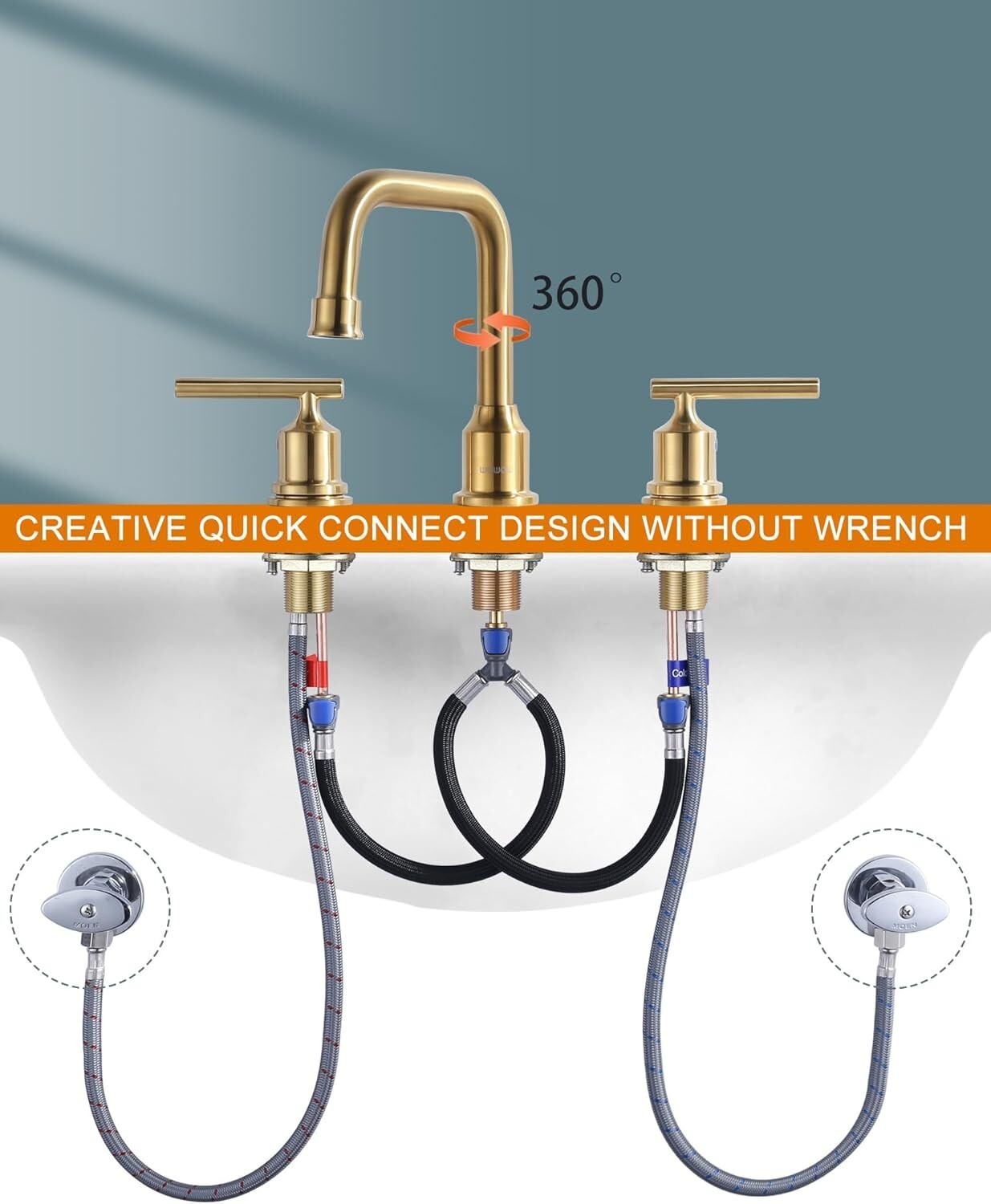 Elegant Brushed Gold Basin Faucet with 2 Handles - Modern 360° Swivel Design