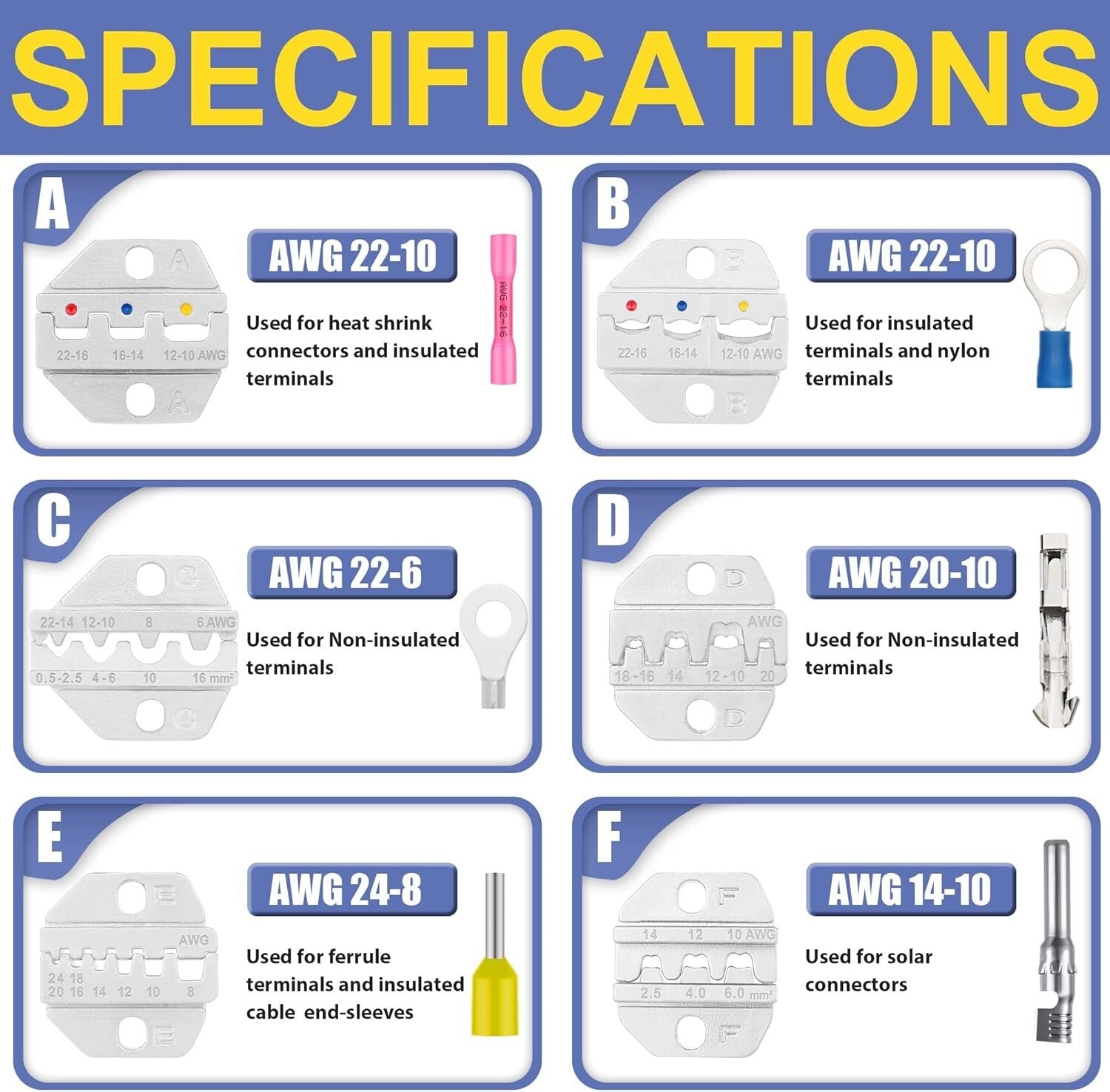 Ergonomic Crimping Tool Set - 6 Chrome-Plated Dies for Versatile Wiring Needs