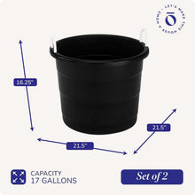 Load image into Gallery viewer, Large 17 Gallon Utility Tubs - Stylish Black Buckets with Rope Handles, Set of 2