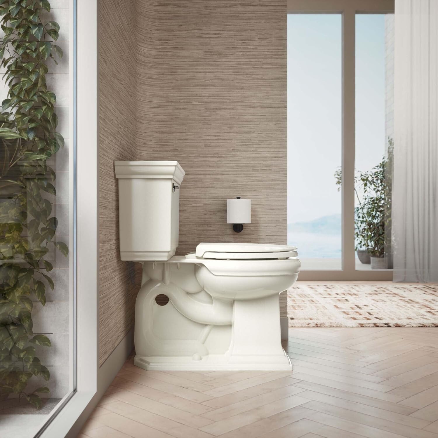 Modern Almond Round Toilet Seat with Grip-Tight Bumpers and Quiet-Close Lid