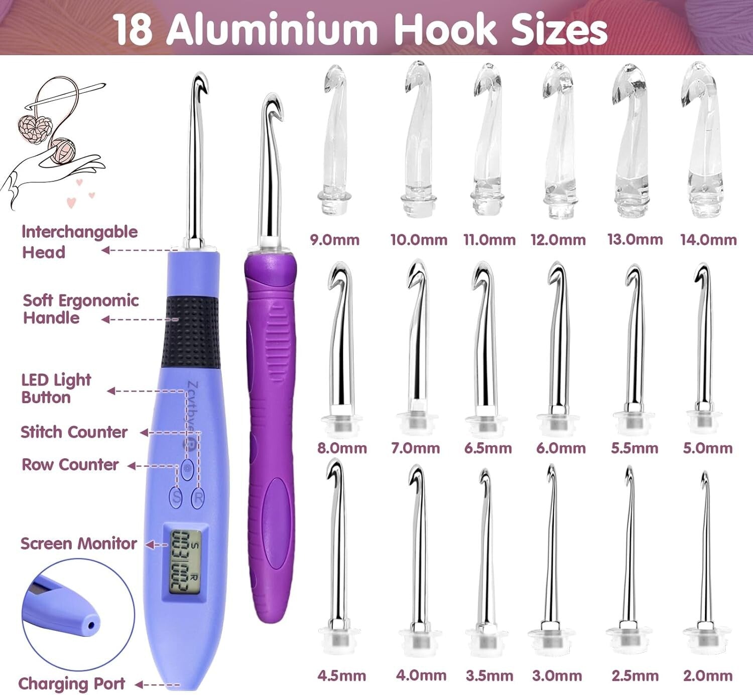 Light-Up Ergonomic Crochet Hook Set with 18 Interchangeable Sizes & Counter