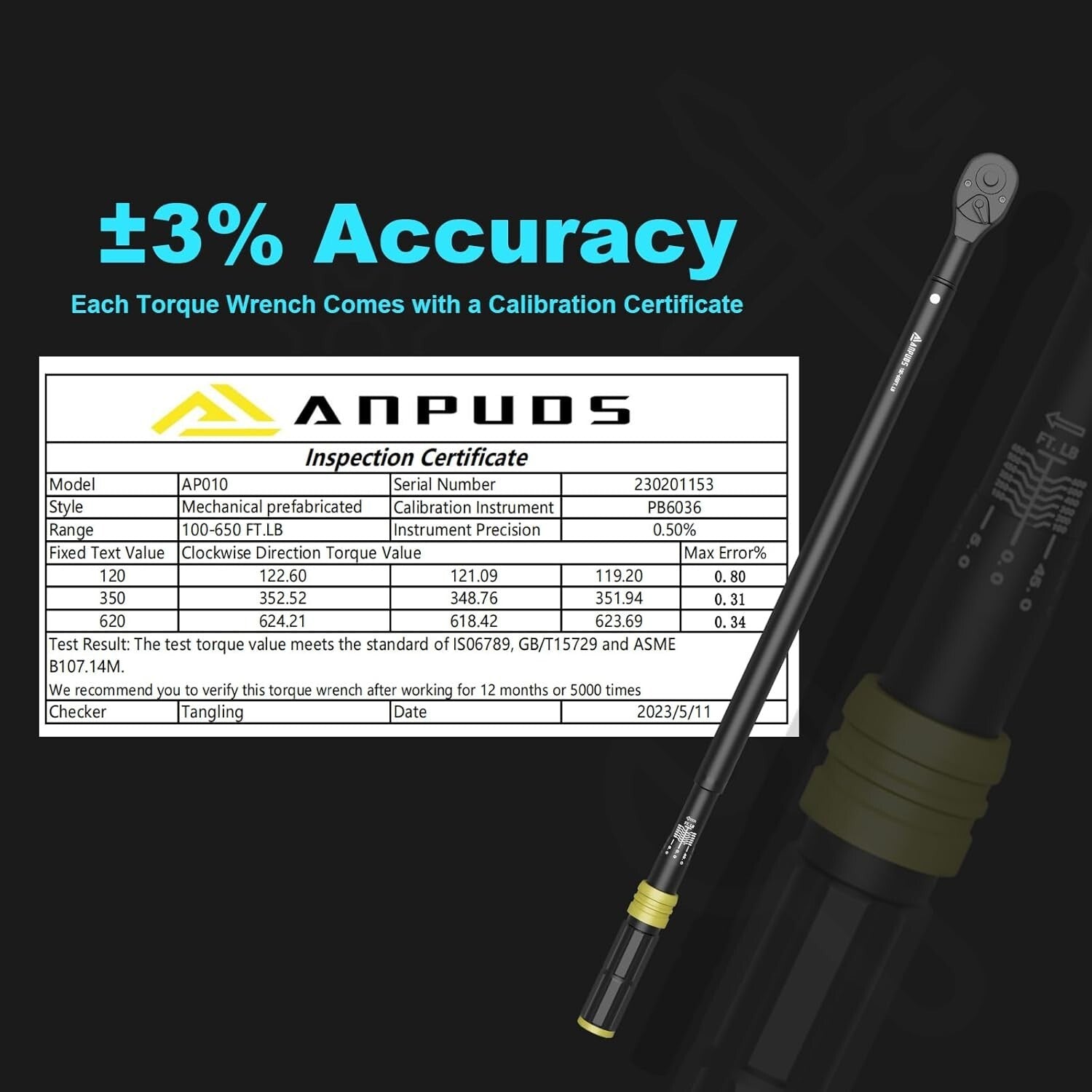 Durable Chrome Vanadium Steel Torque Wrench, 100-650 Ft-Lb, Dual-Direction Use