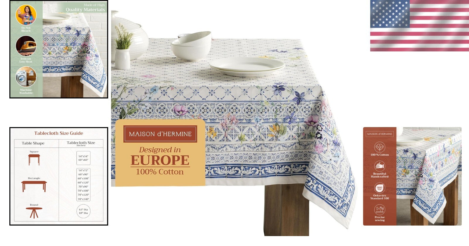 Faience Pattern 100% Cotton Tablecloth 60" x 120" - Perfect for Dining & Parties